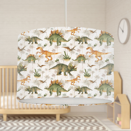 Earth toned dinosaur children's bedroom and nursery decor, ceiling lampshade, green and orange